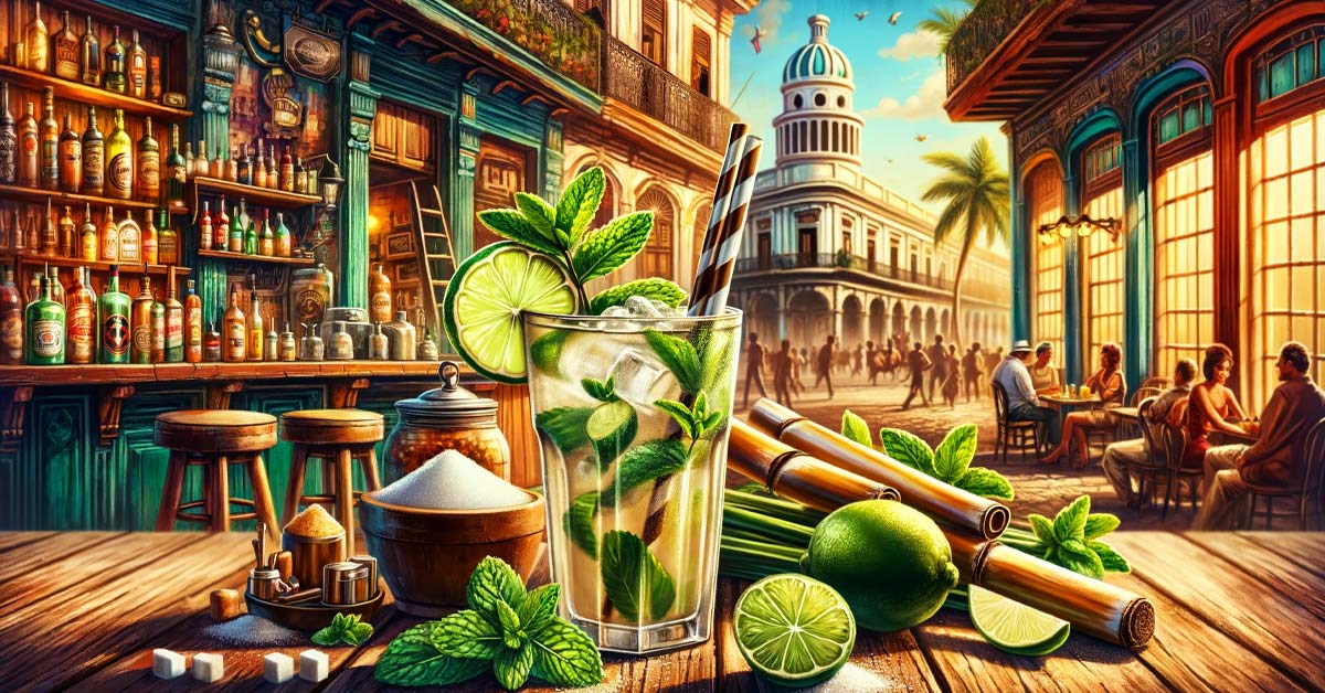 Cubana Café- Bar à cocktails à Paris illustration pour Le cocktail mojito : Au premier plan, on y voit un Mojito fraîchement préparé dans un verre classique, garni de feuilles de menthe et d'une tranche de lime. Autour du verre, des ingrédients comme la canne à sucre, des brins de menthe, et des demi-limes ajoutent à l'ambiance. Le décor arrière-plan offre un aperçu des rues colorées de La Havane, renforçant le caractère typiquement cubain de l'image. L'ensemble crée une atmosphère vibrante et attrayante qui évoque l'essence et l'histoire du Mojito.