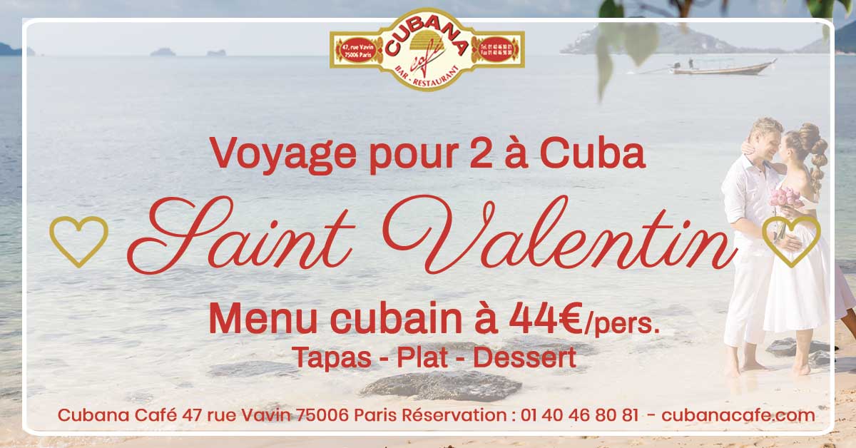 Affiche de la soirée Saint Valentin au Cubana Café (texte sur une photo d'un couple à la plage)