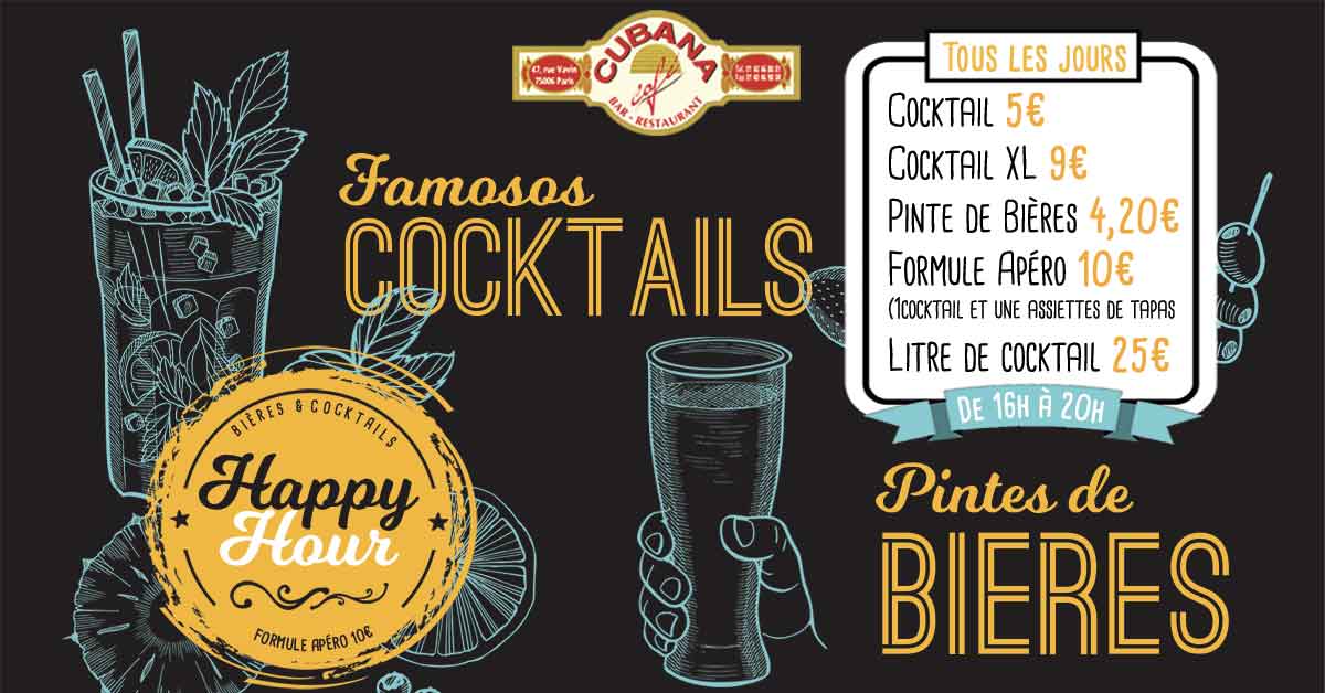 Cubana Café, Affiche de l'happy hour