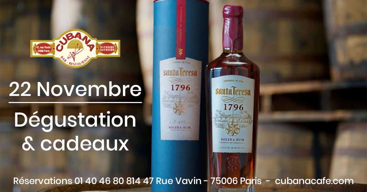 Affiche pour la dégustation du rhum Santa Teresa 1796 au Cubana café le 22/11/22