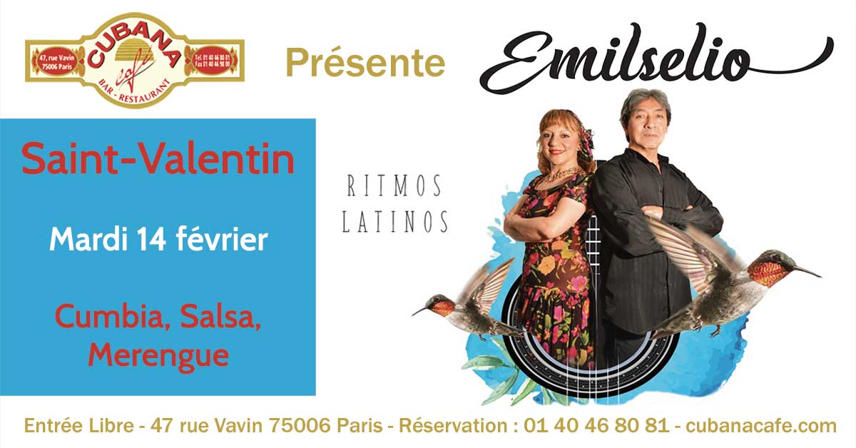 Affiche du concert du duo Emilselio pour la Saint-Valentin 2023 au Cubana Café