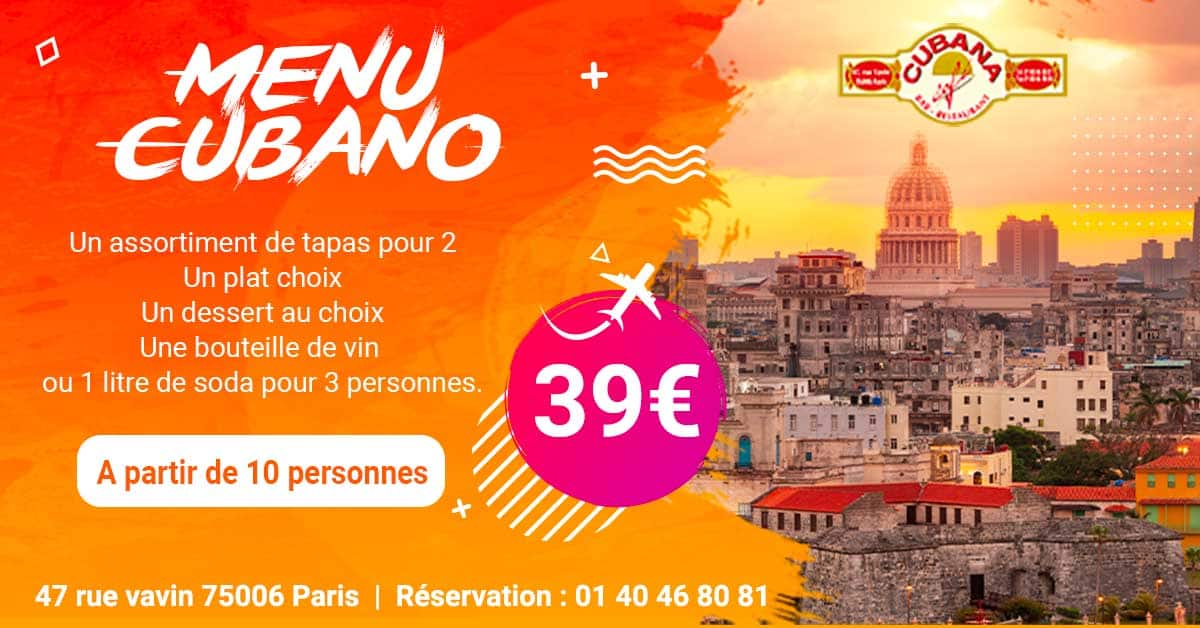 affiche menu cubano 39€ par personne pour tout groupe de 10 minimum