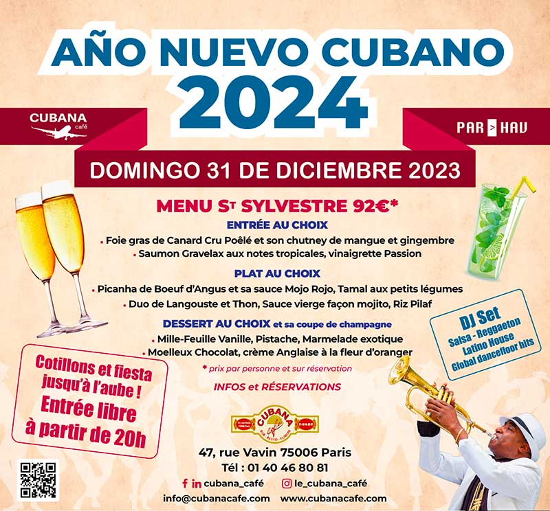 Affiche du menu du réveillon 2023 à Paris du Cubana Café