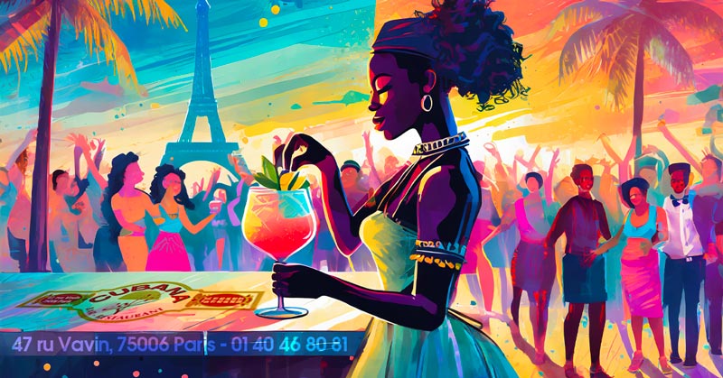 Cubana Café - Illustration d'une femme avec un cocktail en premier plan. Des gens qui dansent en arrière plan. Illustration type peinture caribéene