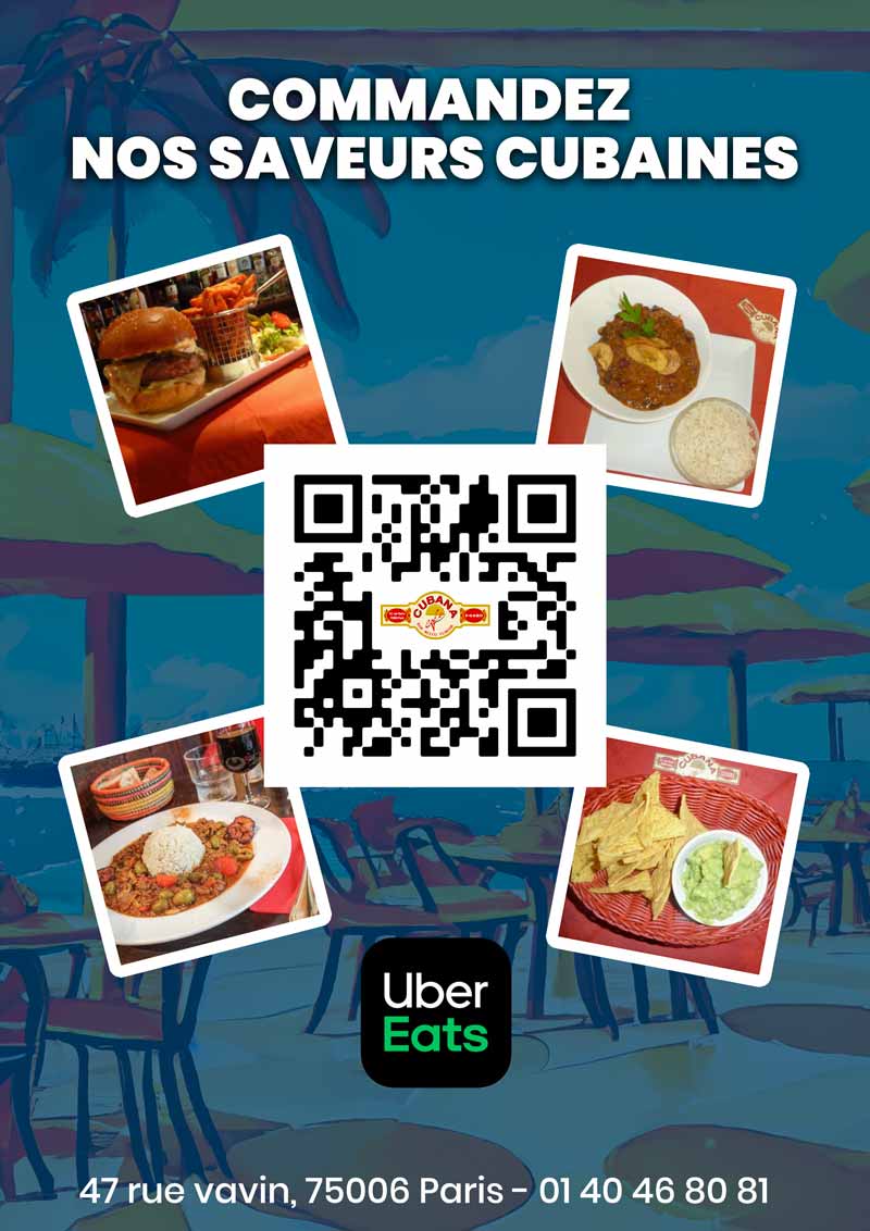 Affiche du Cubana Café avec QR code pour UberEat