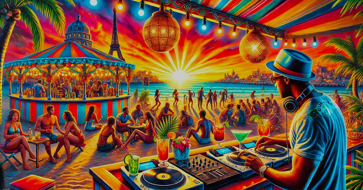 Illustration d'un bar sur une plage. Meilleures soirées latines à Paris : Cubana Café