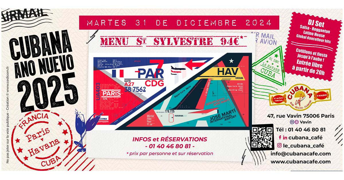 Affiche du Cubana Café pour la soirée du nouvel an 2024. Soirée Nouvel an à Paris