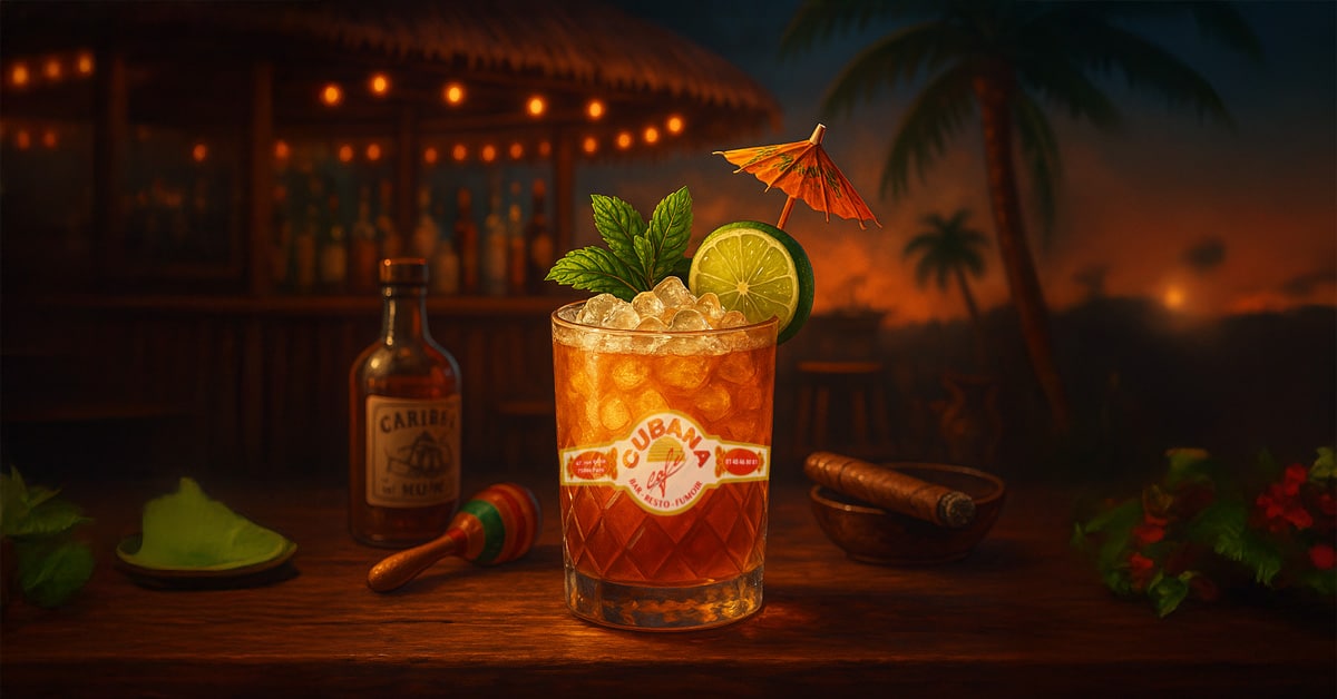 Illustration Le cocktail Mai Tai, star des cocktails exotiques – Un concentré de soleil et de rhum à savourer dans l’ambiance chaleureuse du Cubana Café, comme une escale tropicale en plein Paris.
