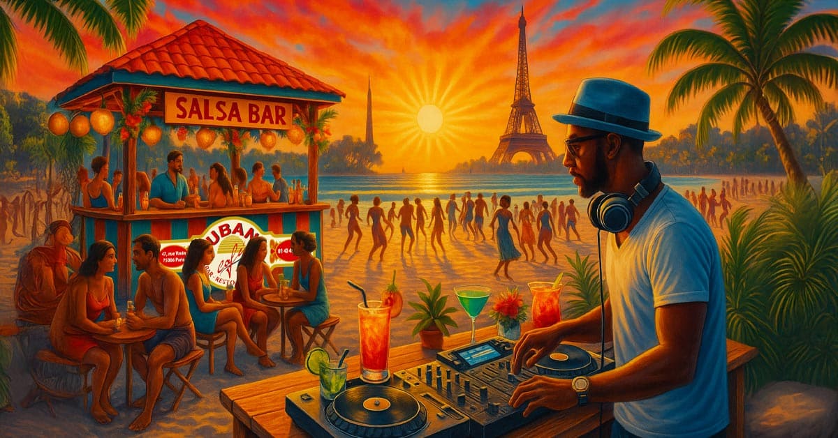 Cubana Café restaurant cubain et Bar salsa à Paris. Cette image représente une scène festive au coucher du soleil sur une plage. On y voit un DJ avec un chapeau et un casque, devant sa table de mixage et des cocktails colorés. À gauche, un petit bar en bois décoré accueille des clients assis autour de tables, tandis qu’au loin de nombreux couples dansent sur le sable face à la mer. L’ambiance est tropicale avec des palmiers, des guirlandes lumineuses et la Tour Eiffel visible en arrière-plan, comme un mélange entre Paris et Cuba. Les couleurs sont vives et chaudes, dominées par l’orange et le rouge du soleil couchant.