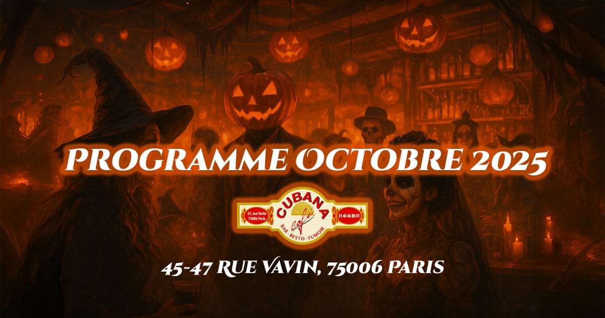Illustration pour le programme d'octobre 2025. Fond style bar pour la fête d'Halloween 2025 à Paris