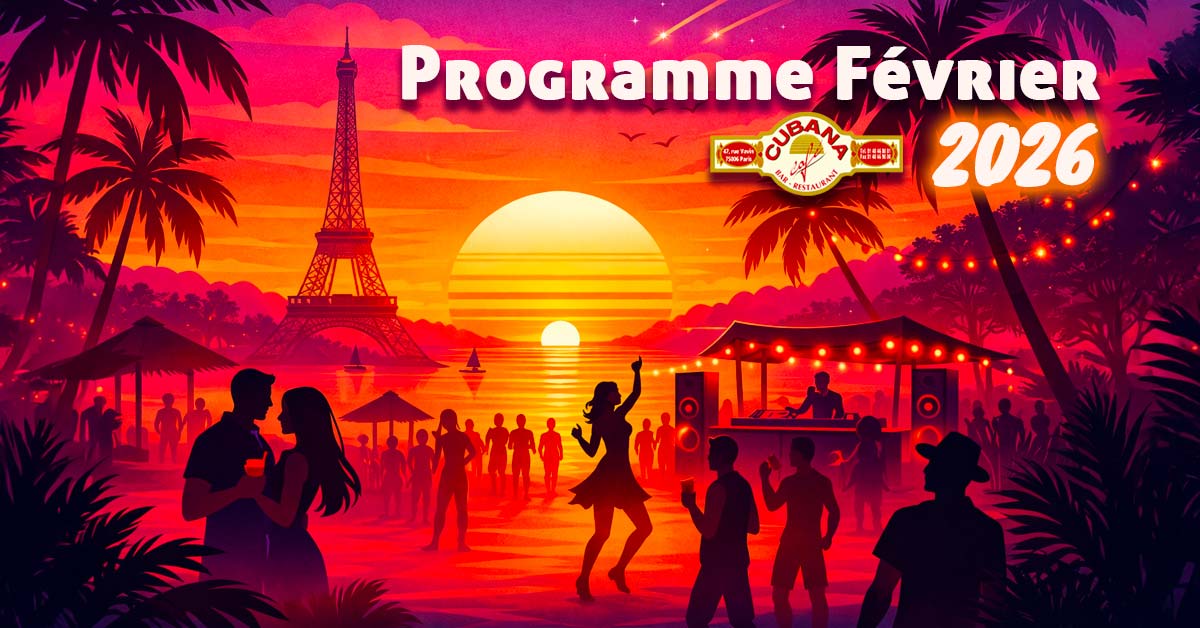 Cubana-Cafe-programme-fev2026 Cubana Café | Illustration pour le programme des Soirées cubaines parisiennes de février 2026. Des gens dansent sur une plage au coucher du soleil