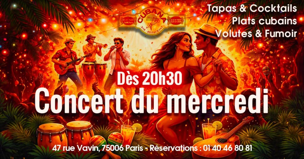 Illustration d'un couple qui danse la salsa en premier plan, dans le fond des musiciens pour présenter les concerts du mercredi au Cubana Café Paris Montparnasse