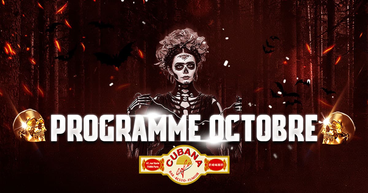 Illustration pour le programme d'octobre du Cubana Café et la Soirée Halloween à Montparnasse.